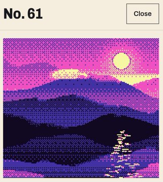 A small pixel-art landscape showing mountains, a rising or setting sun, water reflections, and dark clouds, framed by a simple interface with the text “No. 61” and a “Close” button.