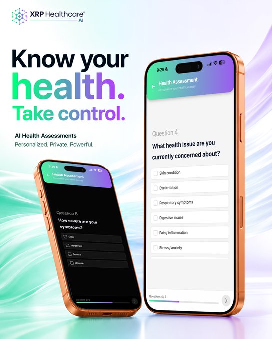 A promotional graphic for XRP Healthcare AI features two smartphones displaying a health assessment app, with one showing Question 4 ("What health issue are you currently concerned about?") listing options like skin condition and respiratory symptoms, and the other showing Question 6 ("How severe are your symptoms?"). The image's tagline "Know your health. Take control." and showcase of the user-friendly mobile interface directly illustrates the post's message about completing personalized AI Health Assessments to take greater control of one's health journey.