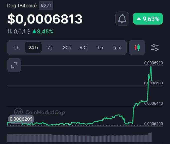 A CoinMarketCap price chart for Dog (Bitcoin) #271 showing a price of $0.0006813 with a 9.63% gain over 24 hours and a green upward trend line.