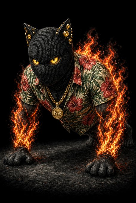 A black cat wearing a studded ski mask and a floral shirt crouches with flames erupting from its arms, sporting a gold chain with a pendant labeled "Fos".