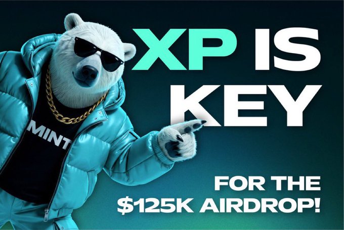 A bear in sunglasses and a puffer jacket points at the text 'XP IS KEY FOR THE $125K AIRDROP!' on a teal background.