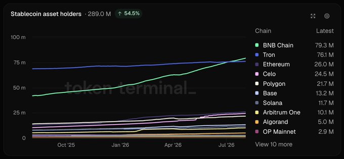 The image shows a Token Terminal chart titled "Stablecoin asset holders" displaying 289.0M total holders (up 54.5% YoY) across multiple chains, with BNB Chain leading at 79.3M holders followed closely by Tron at 76.1M holders, and Ethereum third at 26.0M—visually supporting the post's claim that stablecoins have achieved consumer-scale adoption on BNB Chain.