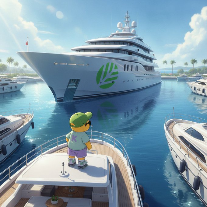 A cartoon character in a green cap and shirt with "K" on it stands on the deck of a yacht, gazing up at a massive luxury superyacht emblazoned with the green CNPY (Canopy Network) leaf logo, docked among smaller boats in a tropical marina. The image visually reinforces the post's message of growth and scale, mirroring how Canopy Network's expanding runway and infrastructure—bolstered by the Tanssi IP acquisition—elevates its vision from concept to a commanding presence, much like the towering flagship dominating the harbor.
