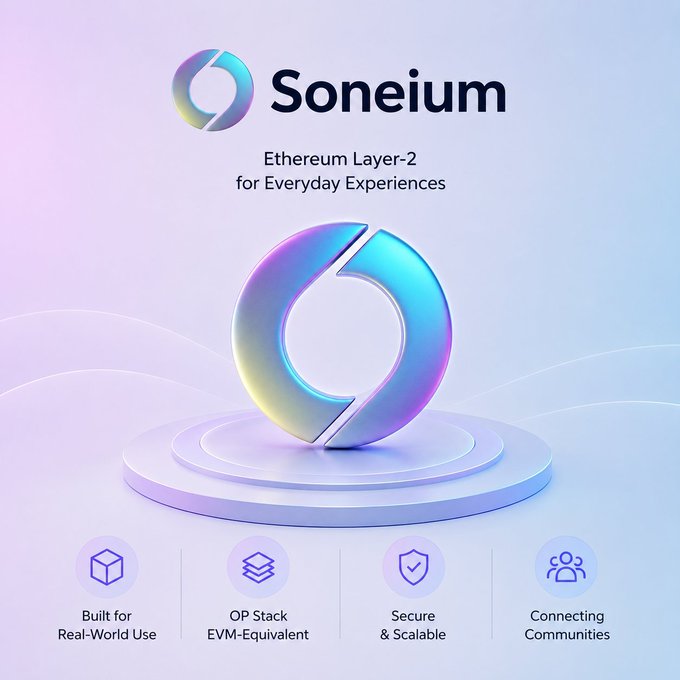 Promotional graphic for 'Soneium - Ethereum Layer-2 for Everyday Experiences' featuring a 3D iridescent circular logo, with feature highlights: Built for Real-World Use, OP Stack EVM-Equivalent, Secure & Scalable, Connecting Communities.
