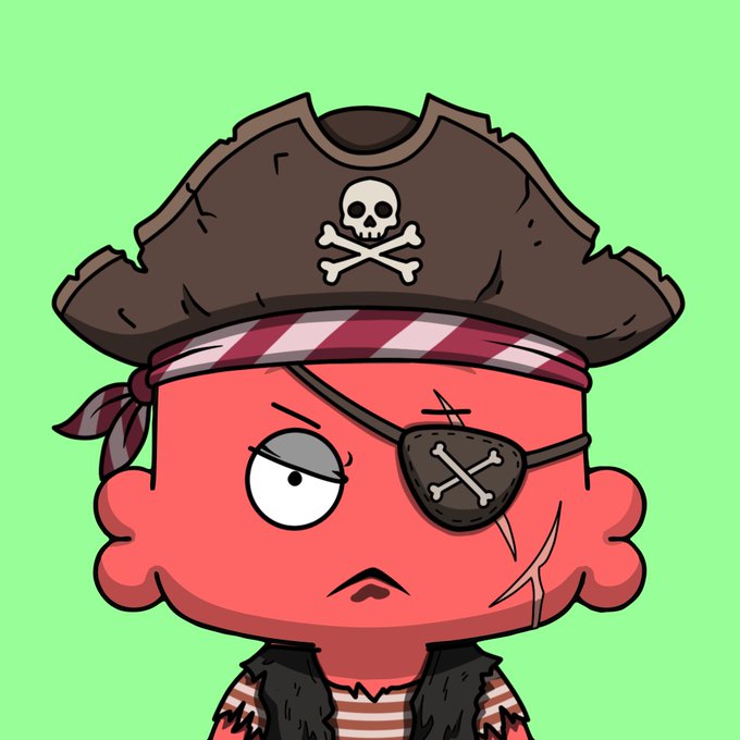 A cartoon-style character with pink skin wears a pirate hat featuring a skull and crossbones, along with an eyepatch decorated with crossed bones.