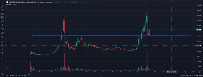 The image shows a candlestick chart for $CATE/USDT on PumperSwap, displaying a sharp price surge followed by a significant pullback to the 50% retracement level near $0.00045, with notable volume spikes accompanying the volatile price action over a 6-day period.