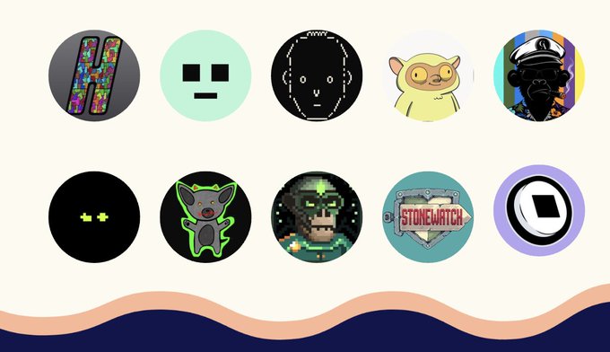 A grid of 10 circular NFT-style profile pictures or avatars, featuring various designs including pixel art characters, a skeleton, a cat, a captain figure, and a 'STONEWATCH' badge, displayed on a light background with a wavy orange and blue border at the bottom.