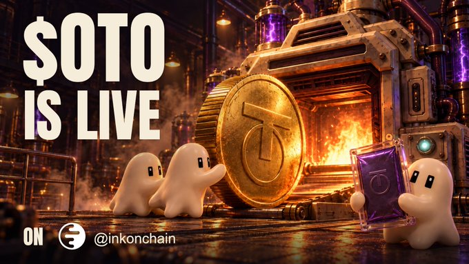 A promotional graphic with the text "$OTO IS LIVE" and "@inkonchain", depicting small ghost-like figures next to a large gold coin in an industrial setting.