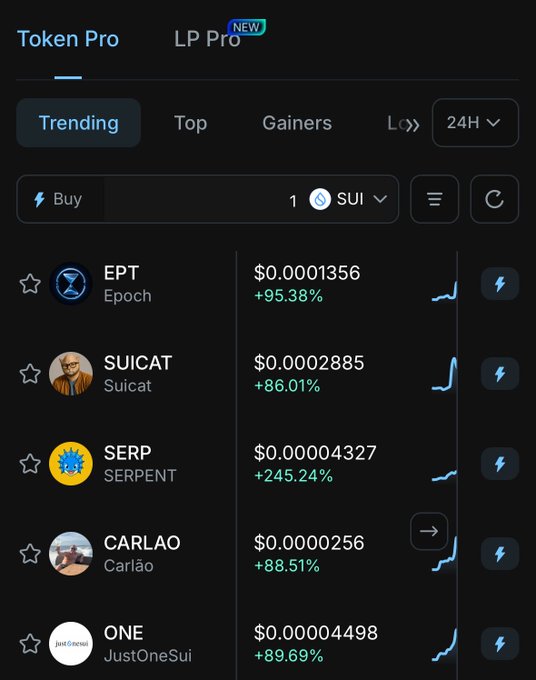 The image displays the "Token Pro" interface on a Sui-based platform, showing trending tokens like EPT (Epoch), SUICAT (Suicat), SERP (SERPENT), CARLAO (Carlão), and ONE (JustOneSui), with 24-hour price changes ranging from +86.01% to +245.24%. This perfectly illustrates the post's tip about using Token Pro to check trending Sui tokens, highlighting their strong upward momentum in SUI-denominated prices.
