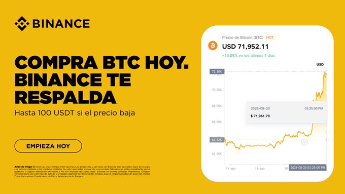 Binance promotional banner encouraging users to buy Bitcoin today, highlighting that BTC is at USD 71,952.11 with a 13.05% increase over the last 7 days, and offering up to 100 USDT in Price Protection if the price drops.