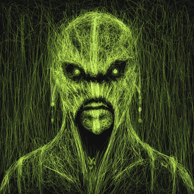 A glowing green wireframe illustration of a menacing figure with sunken eyes and a screaming mouth.