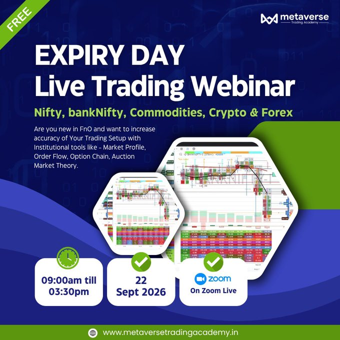 A promotional flyer from Metaverse Trading Academy for a free 'EXPIRY DAY Live Trading Webinar' covering Nifty, BankNifty, Commodities, Crypto & Forex, scheduled for 22 Sept 2026 from 09:00am to 03:30pm on Zoom.