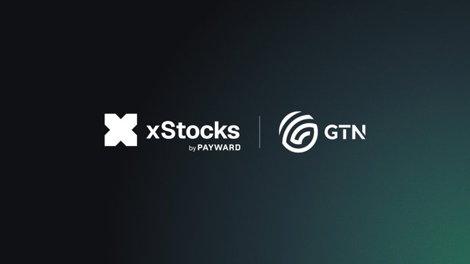 The image displays the logos of "xStocks by PAYWARD" and "GTN" side by side against a dark gradient background, visually representing a partnership between the two platforms to bring tokenized equities onchain as mentioned in the accompanying post.