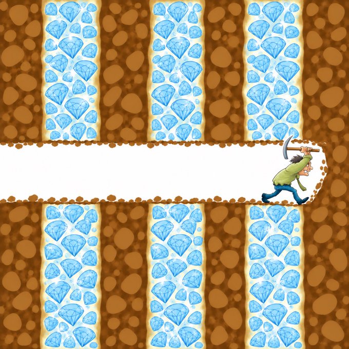 An animated illustration depicts a miner with a pickaxe digging a horizontal tunnel through brown dirt and blue diamond veins.