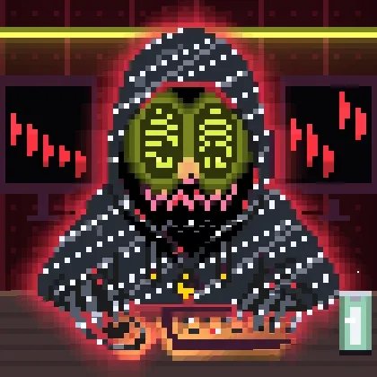 A pixel art illustration depicts a hooded figure with glowing yellow dollar signs in the eyes, sitting at a desk with red candlestick stock charts visible on screens in the background.