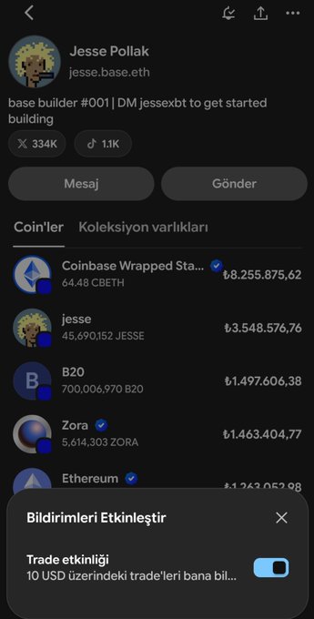 A mobile screenshot of Jesse Pollak's (jesse.base.eth) profile on a crypto platform, displaying his bio 'base builder #001' and a list of his coin holdings including Coinbase Wrapped Staked ETH (₺8.255.875,62), JESSE, B20, Zora, and Ethereum.