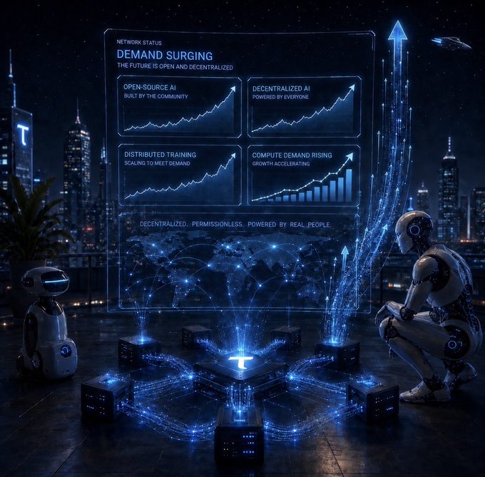 A futuristic humanoid robot and a small AI assistant observe a glowing holographic dashboard displaying "DEMAND SURGING" with rising charts for "OPEN-SOURCE AI," "DECENTRALIZED AI," "DISTRIBUTED TRAINING," and "COMPUTE DEMAND RISING," with the tagline "DECENTRALIZED, PERMISSIONLESS, POWERED BY REAL PEOPLE" reinforcing the post's message about Bittensor's (@opentensor) accelerating growth in decentralized AI and subnet innovation.