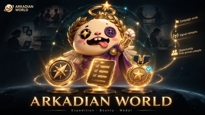 A promotional banner for "ARKADIAN WORLD" featuring a cute crowned mascot with an X-button eye, a guild logo, and text listing "Expedition · Bounty · Medal" alongside campaign notes like "Campaign ends," "Signal remains," and "Opportunity finds proven people."