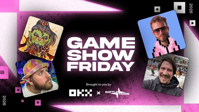 Promotional banner for 'Game Show Friday' (2026) brought to you by OHX and Battle Trade, featuring stylized photos of three hosts/guests in rounded square frames against a pink and black retro-game background.