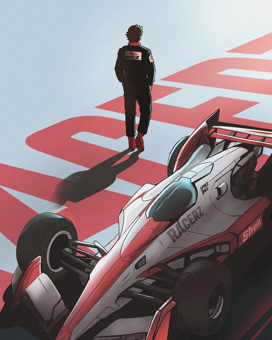The image features a man standing next to a racing car, with the word "Racerz" written above him. The car appears to be red and white, and there are two wheels visible on the bottom of the car. The background is a light blue color that contrasts with the red and white elements in the foreground. The post also mentions an upcoming Mint project called "@Racerz_eth", which has been described as having only 2222 hand-drawn characters.