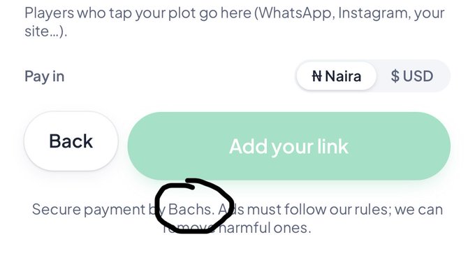 The image shows a payment interface with a circled emphasis on "Bachs," highlighting the secure payment provider for the Lagos Life game. It features a "Pay in Naira" toggle option, an "Add your link" button, and a "Back" button, aligning with the post's note that payments are powered by Bachs.