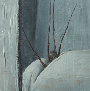 A minimalist oil painting in muted blue and gray tones depicting a small dark bird perched on thin brown branches against a textured wall.