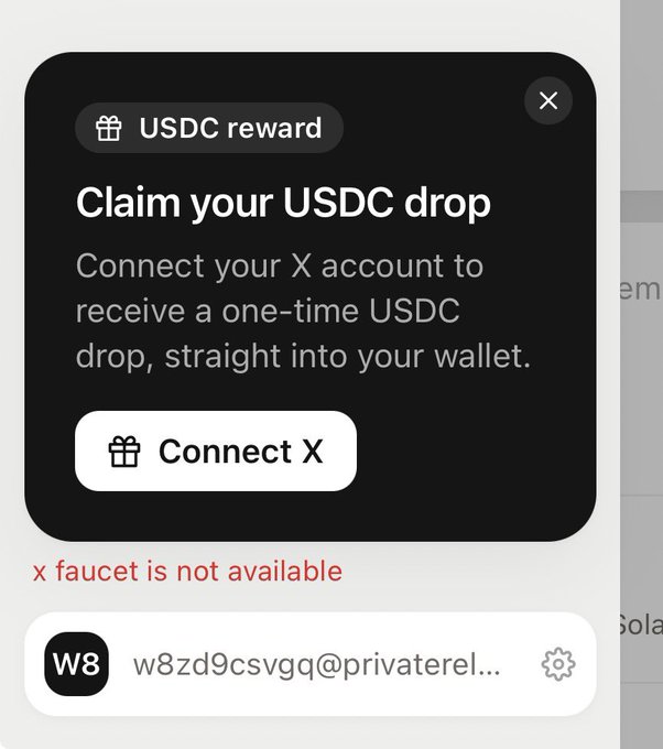 A dark-themed pop-up window offers a 'USDC reward' with a 'Claim your USDC drop' heading, prompting users to 'Connect X' to receive a one-time drop, while red text below states 'x faucet is not available'.