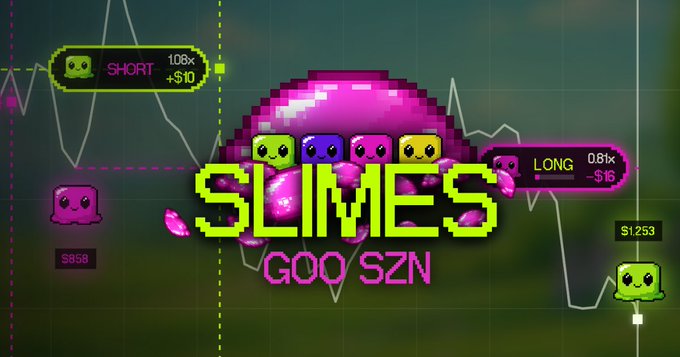 A promotional graphic for 'SLIMES GOO SZN' featuring pixel art slime characters with trading indicators showing SHORT at 1.08x (+$10), LONG at 0.81x (-$16), and a price of $1.253.