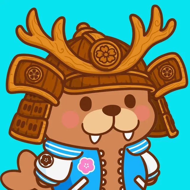 Cute cartoon illustration of a brown bear-like character wearing an ornate samurai helmet with antler-like decorations and a blue and white traditional outfit against a turquoise background.