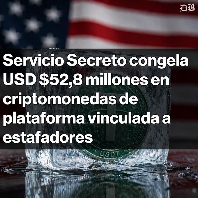 A news graphic with the headline 'Servicio Secreto congela USD $52,8 millones en criptomonedas de plataforma vinculada a estafadores' over an image of a frozen block of ice containing a Tether (USDT) coin, with an American flag in the background.
