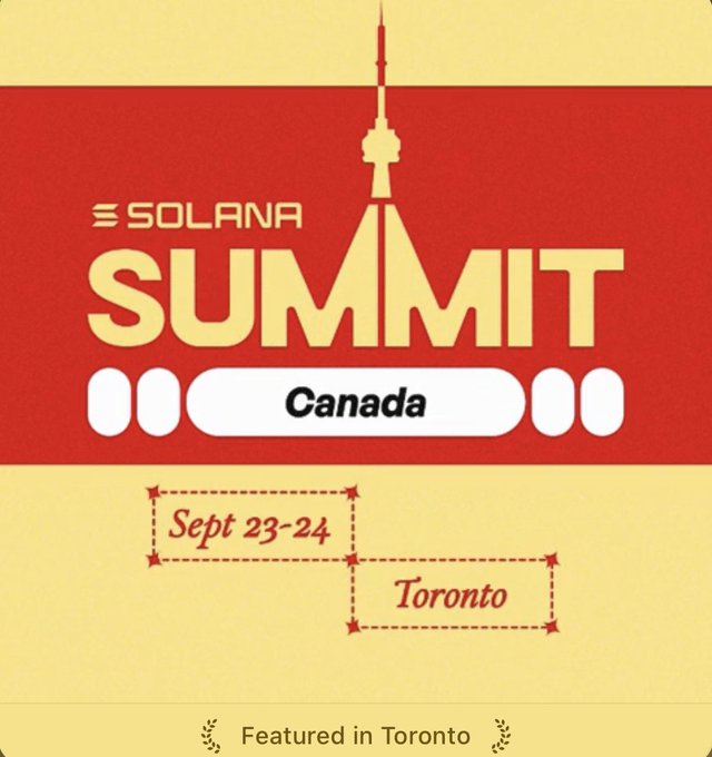 A promotional poster for the 'SOLANA SUMMIT Canada' taking place on September 23-24 in Toronto, featuring a stylized CN Tower illustration.