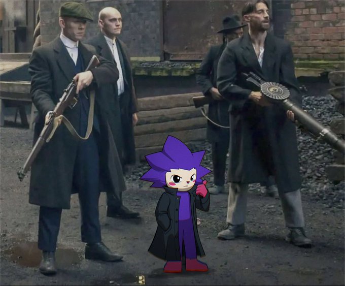 A character with purple spiky hair and a black coat gives a thumbs up while standing in front of men dressed in 1920s attire, holding firearms. The image relates to the post "chog is busy rn." by humorously depicting a cartoon character in a typically serious scene.