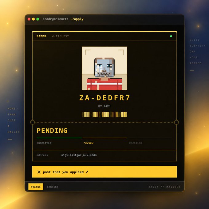 The image shows the ZADDR "Whitelist" application page on Mainnet, displaying a pixelated avatar with the handle "ZA-DEDFR7" and status "PENDING" between "submitted" and "review" on the progress bar. The post perfectly captures the anxiety of the "PENDING" status, mirroring the image's "review" stage indicator and reflecting the user's hopeful anticipation of receiving approval for whitelist access.