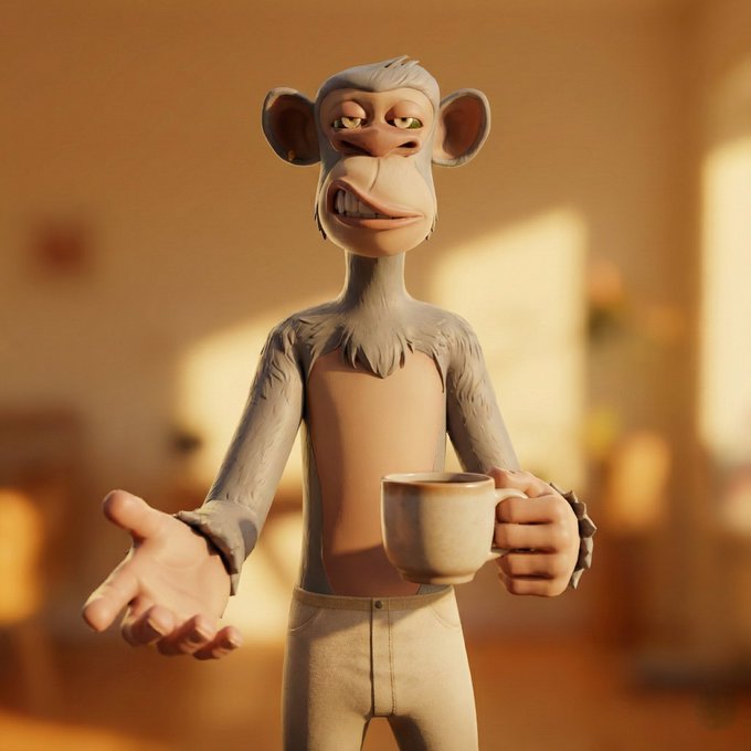 A 3D animated monkey character wearing only underwear, holding a coffee cup and extending one hand in a presenting gesture against a warm-toned interior background.