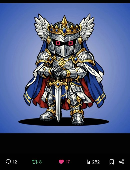 A chibi-style illustration depicts a knight in ornate silver armor with a winged crown and red glowing eyes, holding a sword and wearing a blue cape, with social media engagement metrics (12, 8, 17, 252) visible at the bottom.