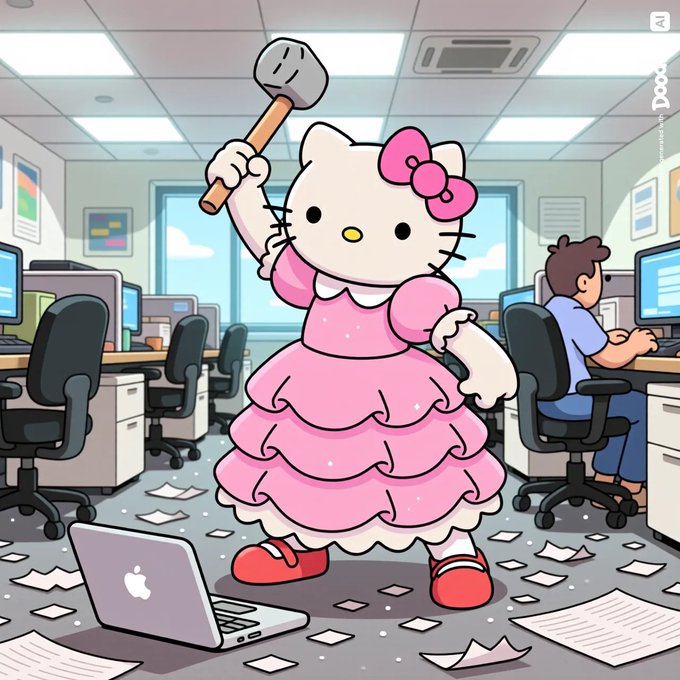 A cartoon illustration of Hello Kitty wearing a pink frilly dress, holding a large hammer in an office setting with cubicles, while a coworker works at a computer and papers litter the floor.