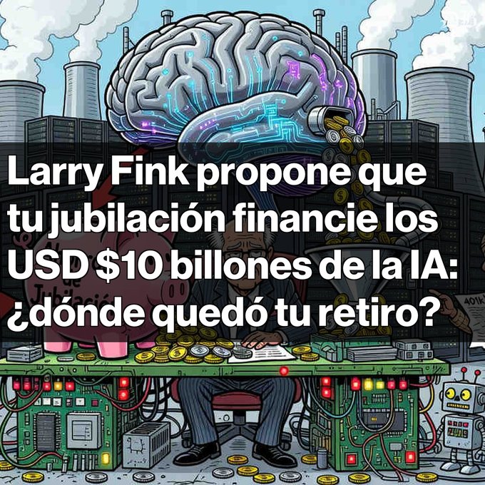 An illustration of a brain with circuit patterns above a factory scene with a stressed man surrounded by coins, with text reading 'Larry Fink propone que tu jubilación financie los USD $10 billones de la IA: ¿dónde quedó tu retiro?'.