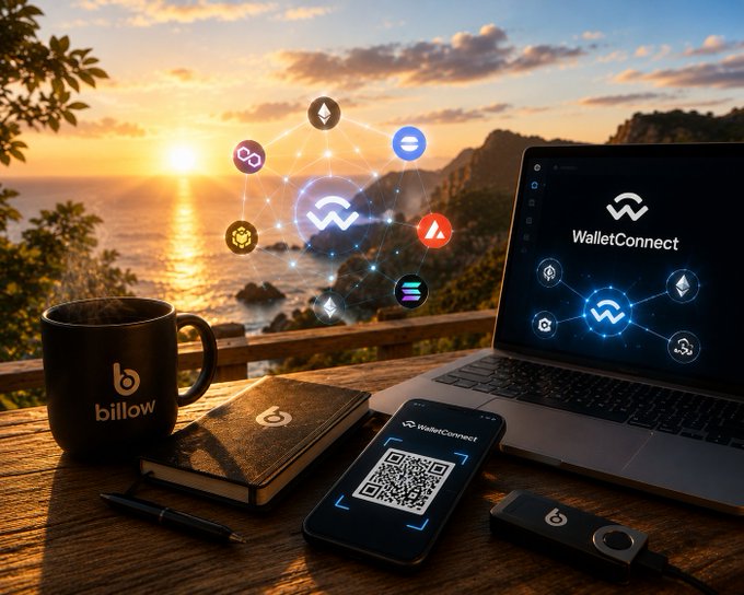A scenic sunset view of a coastal landscape serves as the backdrop for a wooden table displaying a laptop showing the 'WalletConnect' logo, a smartphone with a QR code, a black mug and notebook labeled 'billow', and floating cryptocurrency icons.