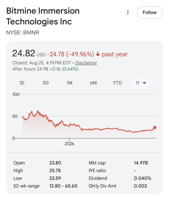 Bitmine Immersion Technologies Inc (NYSE: BMNR) stock chart showing the past year's performance with shares down 49.96% to $24.82, displaying a clear downtrend from highs around $50 before stabilizing near recent lows. The image contradicts the post's optimistic outlook, as the chart reveals significant bearish momentum rather than the upward trajectory needed for new all-time highs in 2027.