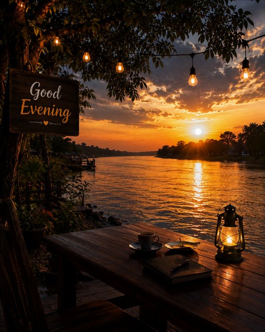 A scenic sunset view over a lake features a wooden table with a coffee cup and lantern in the foreground, a 'Good Evening' sign hanging from a tree, and string lights overhead.
