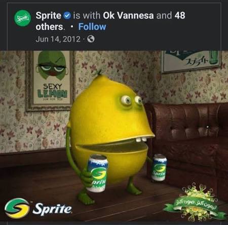 A Sprite Facebook post dated Jun 14, 2012, tagged with Ok Vannesa and 48 others, featuring a 3D animated lemon character holding Sprite cans in a room with a 'SEXY LEMON' poster.