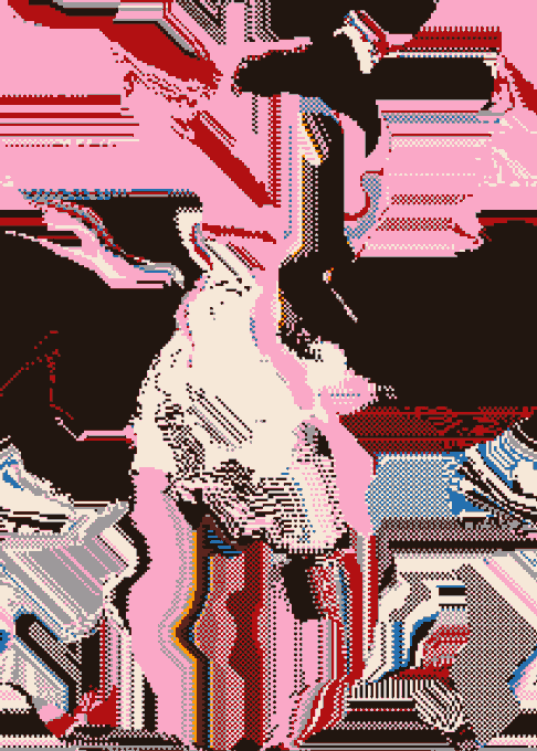 A pixelated, glitch-style digital artwork with pink, red, black, and blue tones depicting an abstract figure composed of layered halftone patterns.