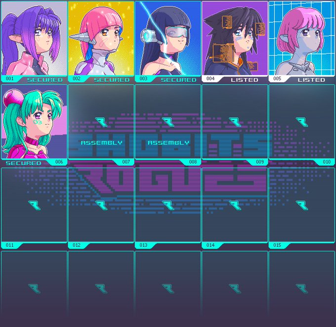 A grid of pixel art character portraits labeled "SHOBITS ROGUES" shows anime-style artificial life forms with status indicators like "SECURED" (001-003, 006), "LISTED" (004-005), and "ASSEMBLY" (007-009), while remaining slots (010-025) display loading screens with the text "ZERO," "ONES," and a "Z" symbol, representing the 1:1 pixel collection on Ethereum from the SHOBITS NFT series.