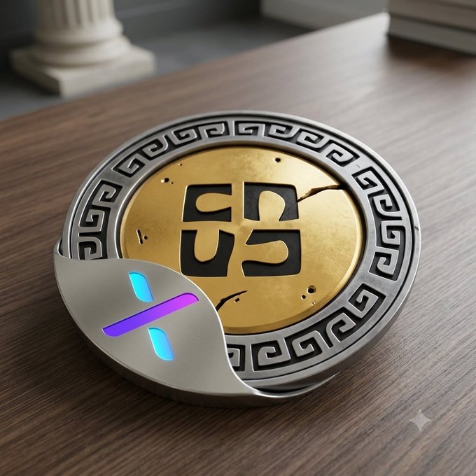 A circular medallion with a Greek key border and a golden center featuring a stylized symbol rests on a wooden surface next to a metallic oval with glowing purple and blue lights.