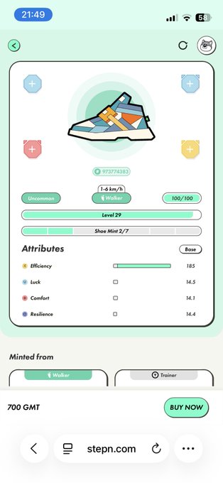 A STEPN marketplace screenshot displaying an Uncommon Walker shoe at level 29 with attributes Efficiency 18.5, Luck 14.5, Comfort 14.1, Resilience 14.4, priced at 700 GMT.