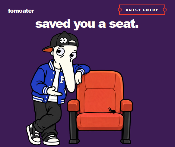 An illustration of a cartoon character in a blue letterman jacket and cap leaning next to a red chair with a spider on it, captioned "saved you a seat." with "fomoater" and "ANTSY ENTRY" labels on a purple background.