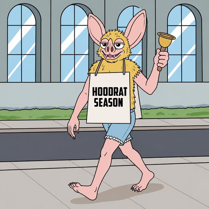 A cartoon illustration of a bipedal rat/bat-like creature wearing a sign that reads "HOODRAT SEASON" and holding a plunger, walking on a sidewalk.