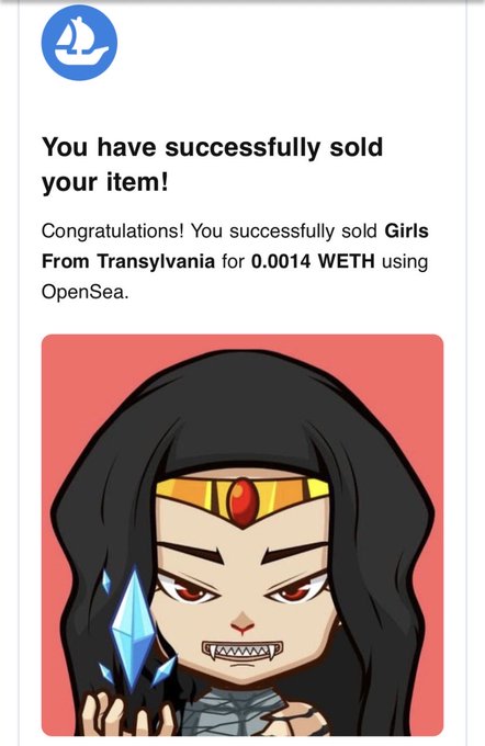 An OpenSea NFT transaction notification reading 'You have successfully sold your item!' for 'Girls From Transylvania' for '0.0014 WETH', accompanied by an illustration of a female warrior character with red eyes and fangs.