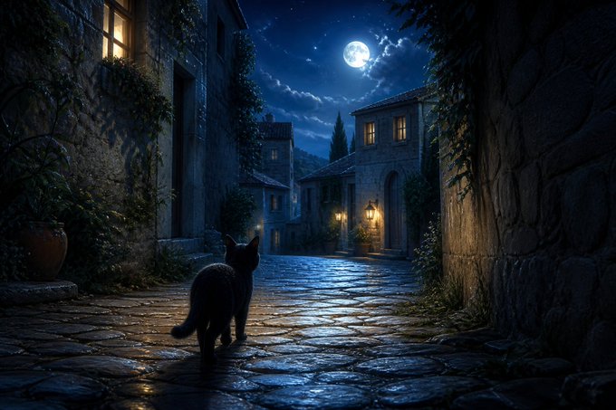A nighttime illustration of a dark cat walking on a cobblestone street in a moonlit old town, with warmly lit windows and lampposts.