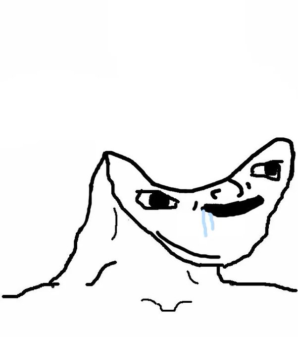 A simple line drawing of a smug-looking cat face with a blue droplet, resembling the 'smug Wojak' meme.